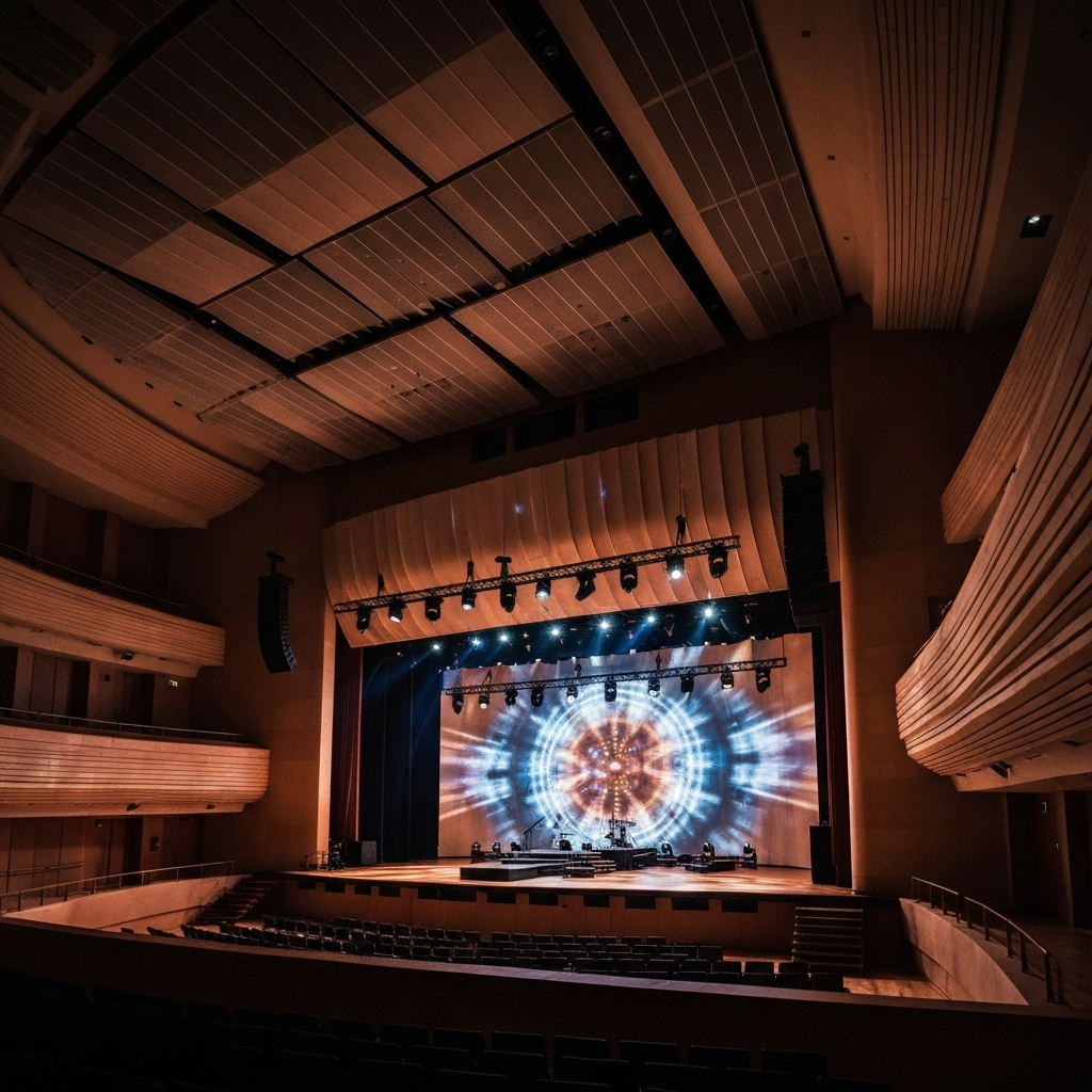 Concert hall and theater architecture featuring advanced acoustics, stage lighting, and patron experience design