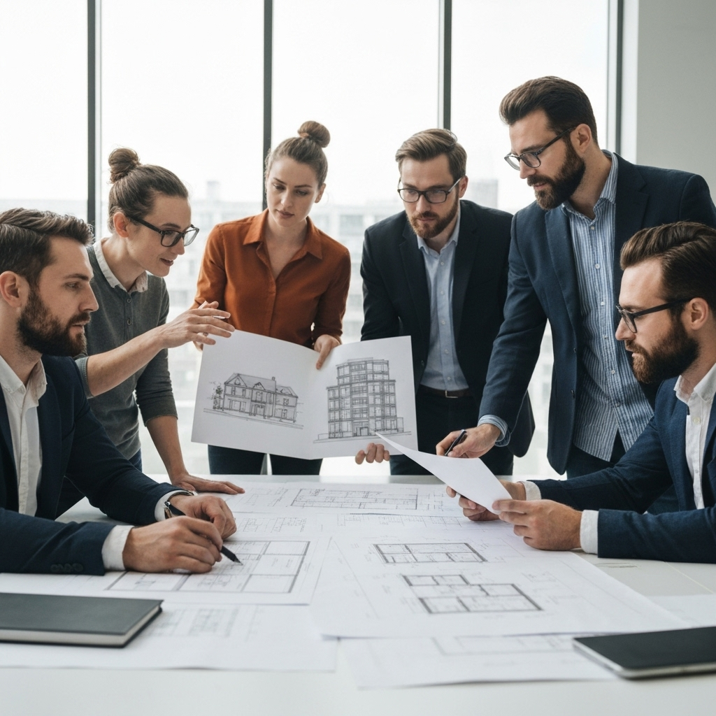 Design compliance review meeting with architects and regulatory specialists reviewing building plans