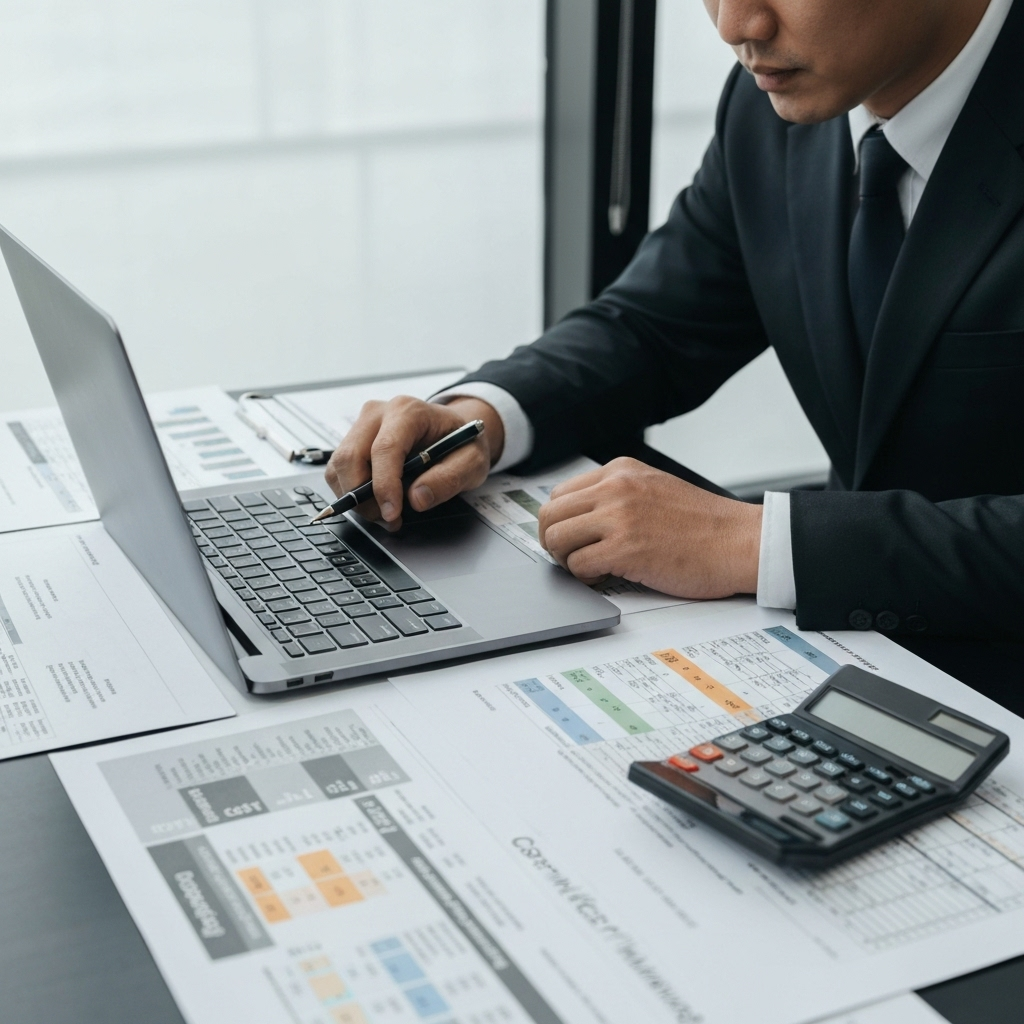 Financial planning and budget management with construction cost analysis charts and professional consultation