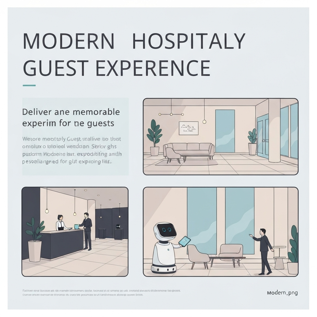 Hospitality guest experience design with modern amenities and service areas