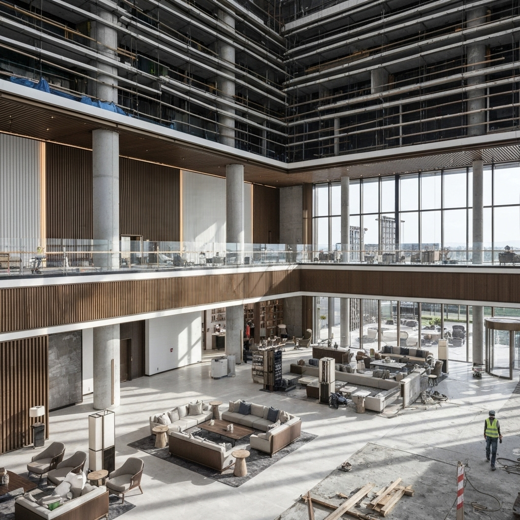 Luxury hotel construction showcasing modern lobby design, hospitality architecture, and guest experience optimization