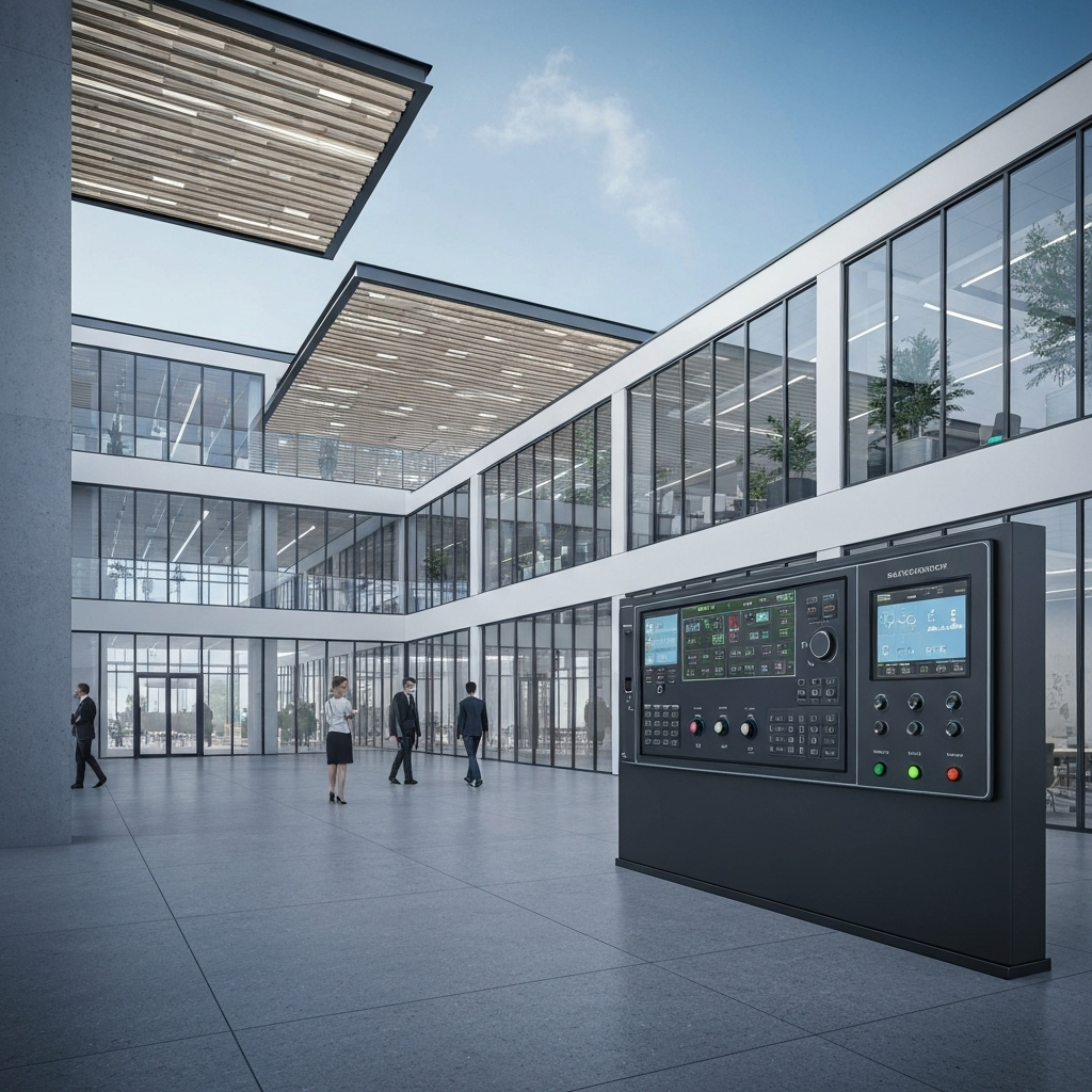 Modern building technology integration with smart systems and quality control monitoring