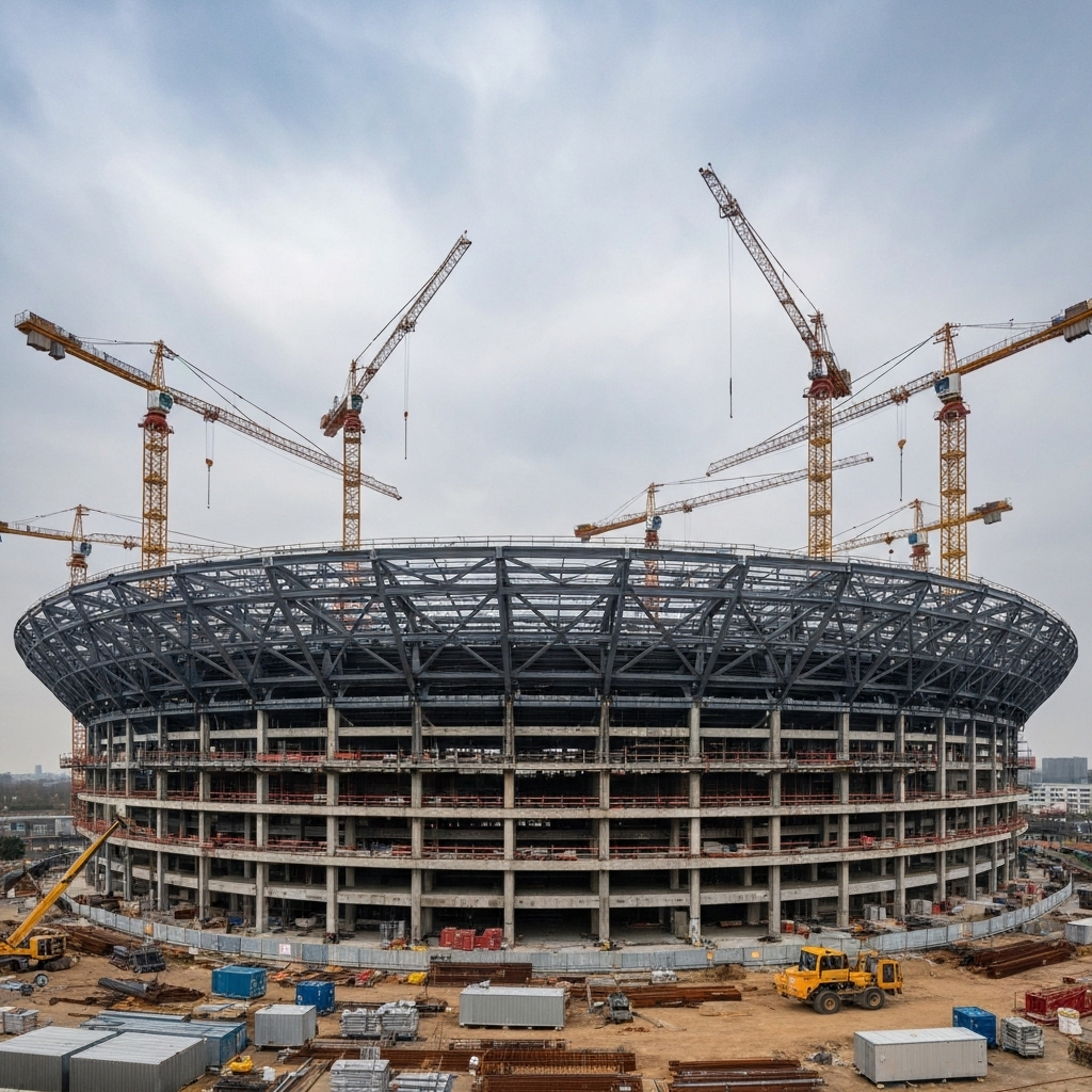 Modern stadium construction with steel framework and advanced engineering