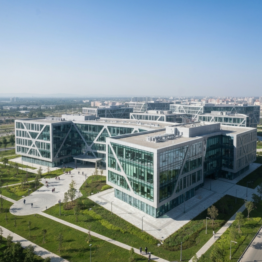 Education research landmark building with modern university architecture and innovative design