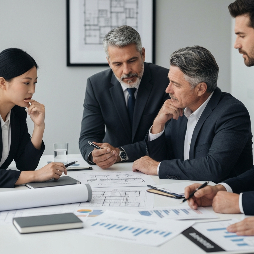 Strategic planning consultation with project roadmap and commercial construction planning documents