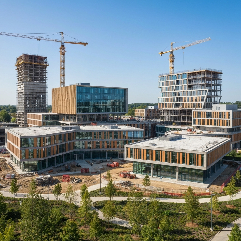 University campus construction featuring modern academic buildings and innovative learning environments